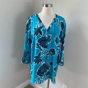 NEW JM Collection Womens Plus XXL Seafrost Blue Floral Tunic Top V Neck Shirt